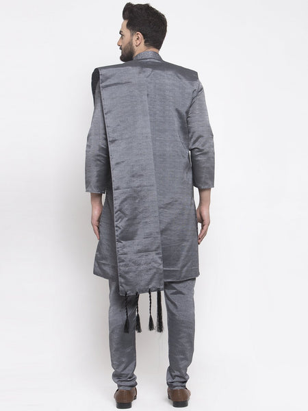 Men's Grey Embroidered Kurta Pajama, Set With  Jacket, and Scarf by Treemoda