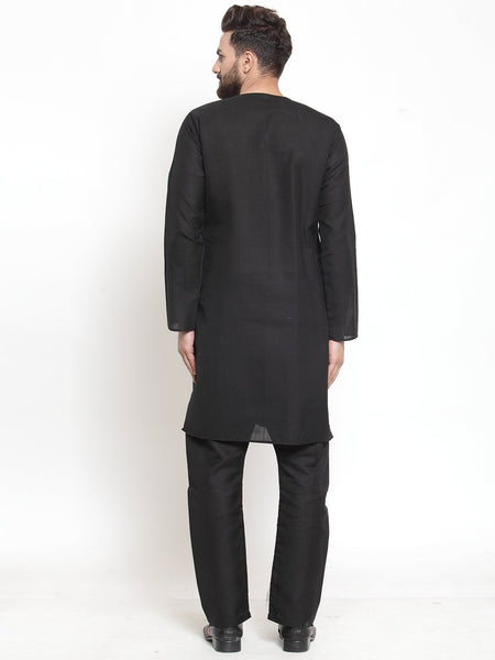 Black Kurta With Aligarh Pajama Set in Linen For Men by Treemoda