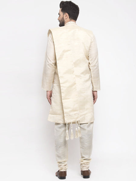 Men's White Embroidered Kurta Pajama Set, With  Jacket, and Scarf by Treemoda