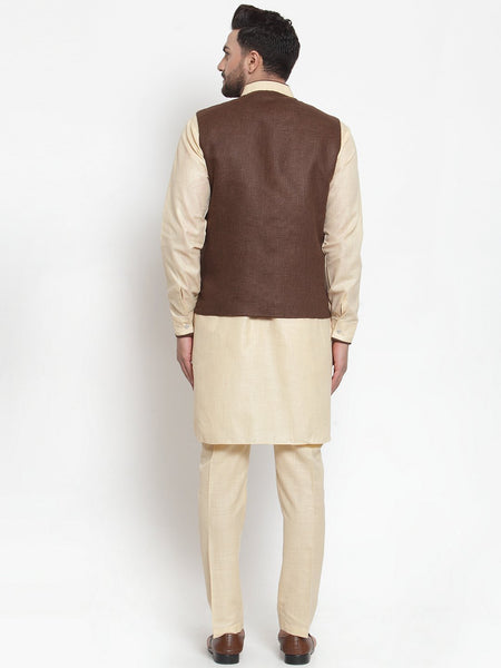 Treemoda Men's Beige Kurta Matching Pants With Ethnic Nehru Jacket