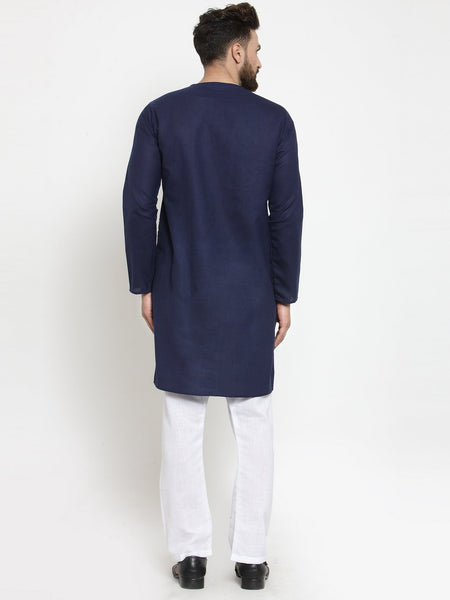 Navy Blue Kurta With Aligarh Pajama Set in Linen for men by Treemoda