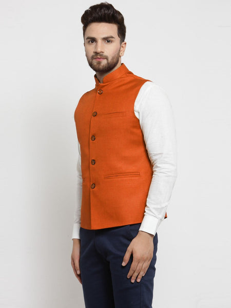Men Orange Solid Nehru Jacket By Treemoda