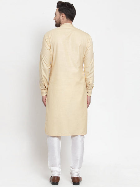 Designer Beige Kurta With Churidar Pajama Set in Linen for men by Treemoda