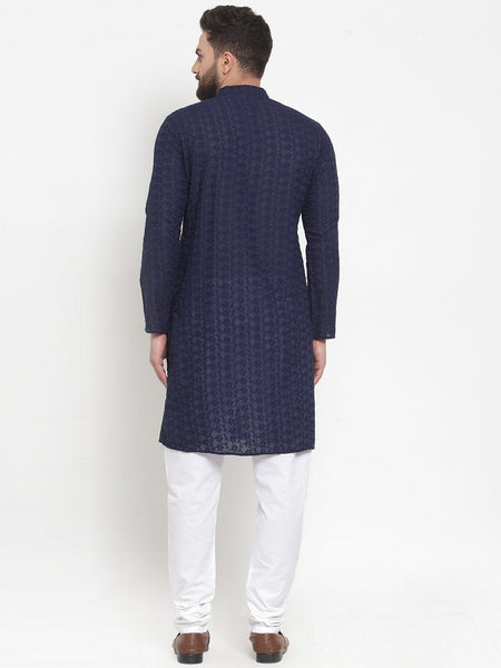 Navy Blue Cotton Chikankari Lucknowi Jaal Embroidered Kurta with Churidar Pajama For Men Treemoda