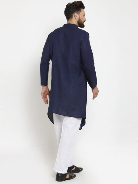 Designer Blue Linen Kurta With Aligarh Pajama For Men By Treemoda