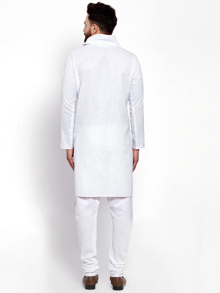 White Kurta With Churidar Pajama Set in Linen For Men by Treemoda