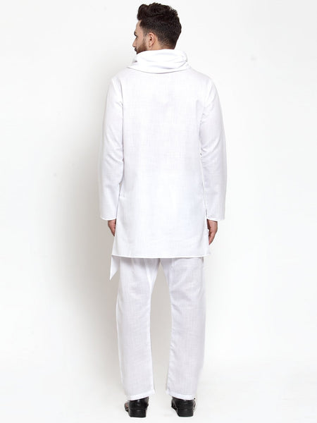White Kurta With Aligarh Pajama in Linen For Men by Treemoda