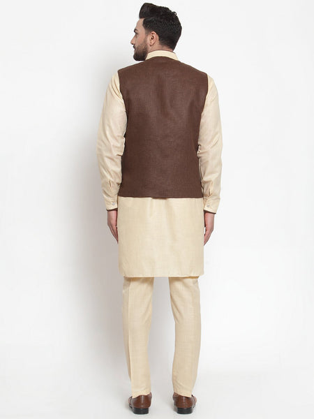 Treemoda Men's Beige Kurta Matching Pants With Ethnic Nehru Jacket