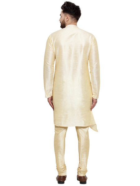 Designer Brocade Cotton Silk Beige Kurta With Churidar Pajama Set For Men by Treemoda