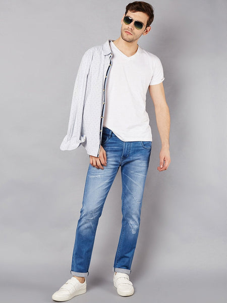 Men Blue Slim Fit Mid-Rise Low Distress Stretchable Jeans