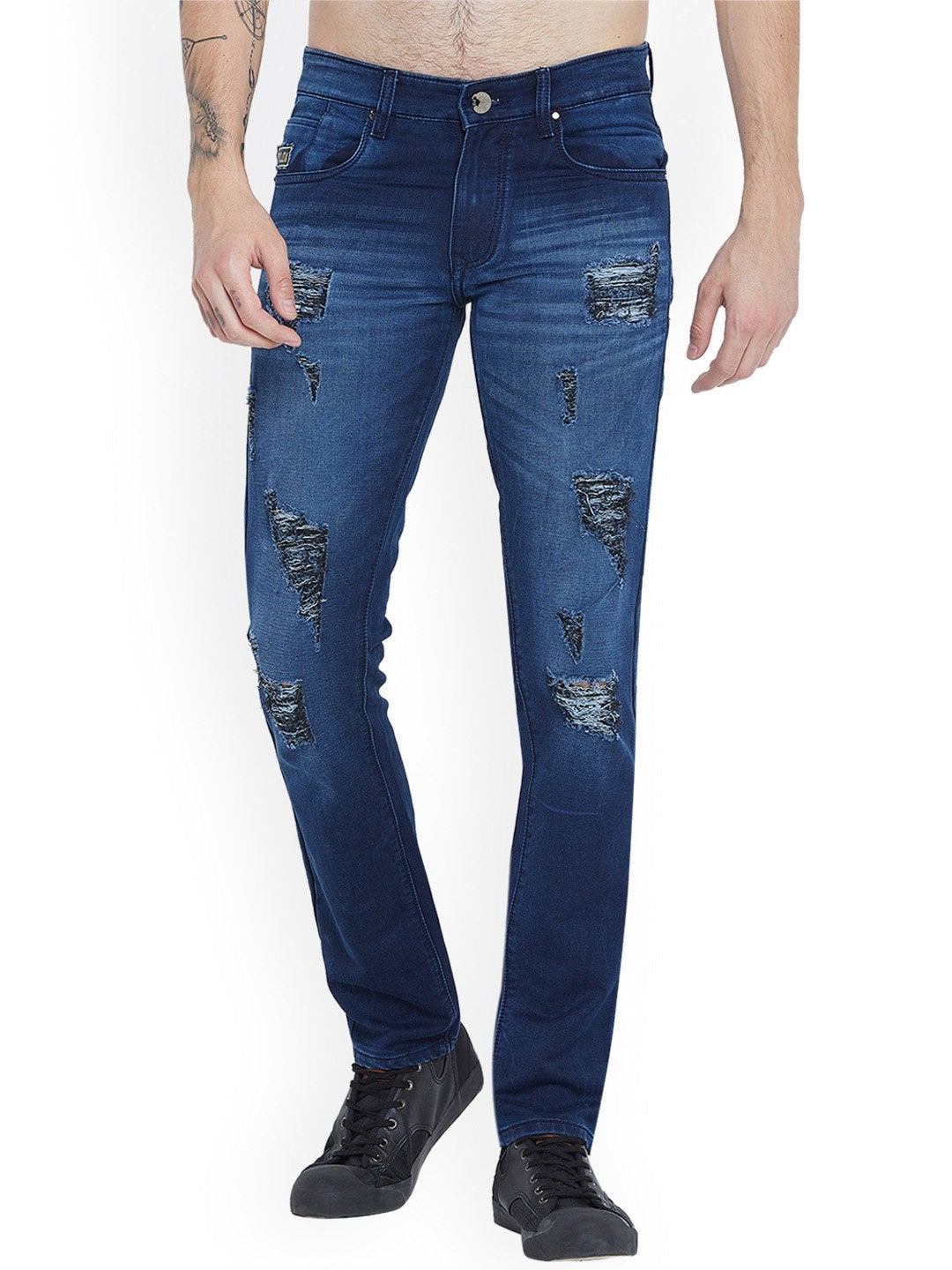 Men Navy Blue Slim Fit Mid-Rise Highly Distressed Stretchable Jeans
