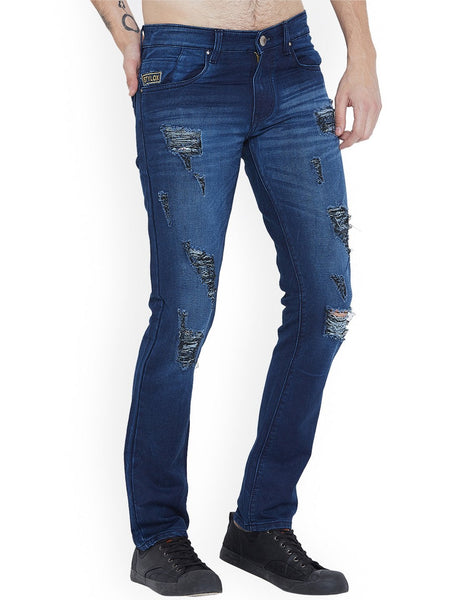 Men Navy Blue Slim Fit Mid-Rise Highly Distressed Stretchable Jeans