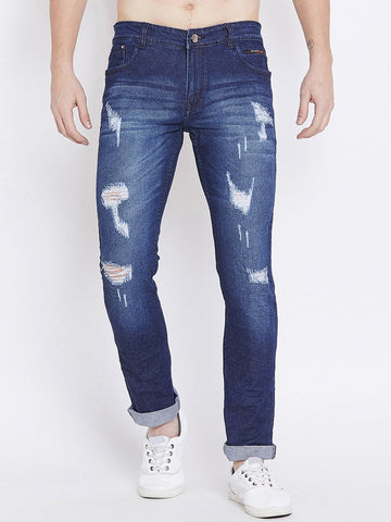 Men Blue Slim Fit Mid-Rise Mildly Distressed Stretchable Jeans