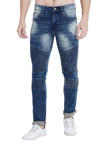 Men Slim Fit Stretchable Mid Rise Blue Washed Jeans
