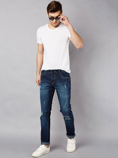 Men Navy Blue Slim Fit Mid-Rise Mildly Distressed Stretchable Jeans