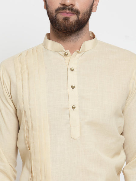 Beige Kurta With Aligarh Pajama Set in Linen For Men by Treemoda