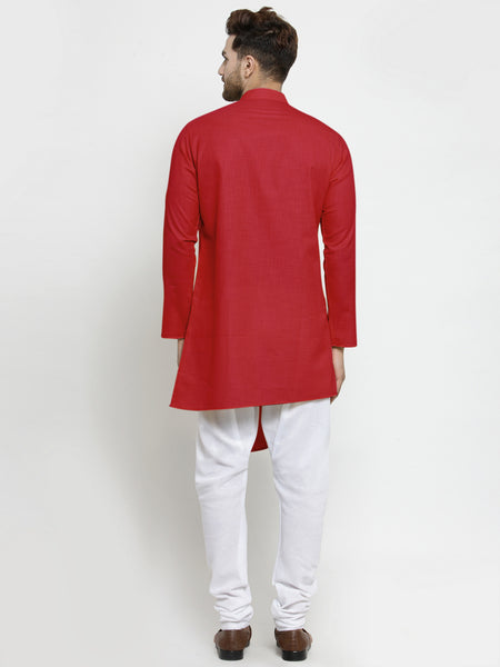 Designer Red Linen Kurta With White Churidar Pajama For Men By Treemoda