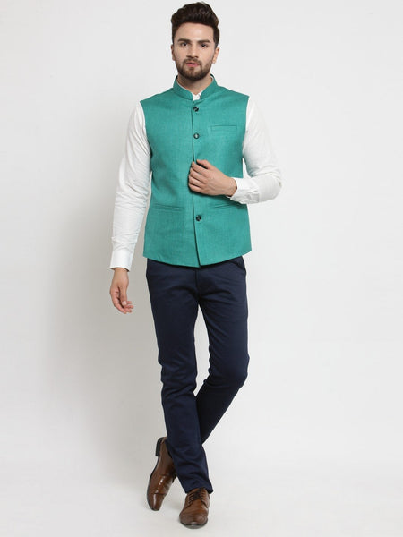 Men Green Solid Nehru Jacket By Treemoda