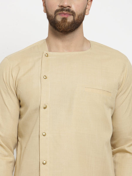 Beige Kurta  With Churidar Pajama Set in Linen For Men by Treemoda