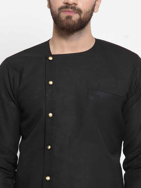 Designer Full Sleeve Black Kurta With Aligarh Pajama Set in Linen For Men by Treemoda