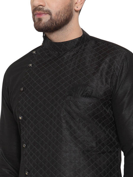 Designer Brocade Cotton Silk Black Kurta With Churidar Pajama Set For Men by Treemoda