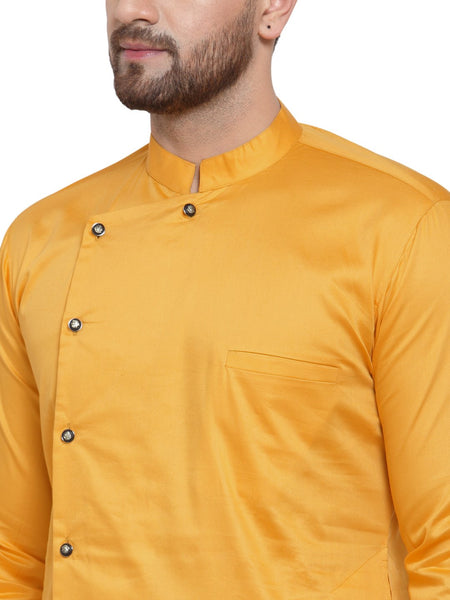 Designer Mustard Yellow Kurta With Churidar Pajama Set For Men By Treemoda