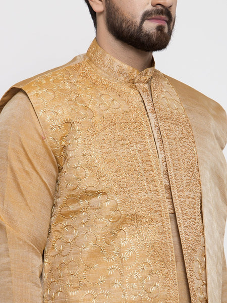 Men's Gold Embroidered Kurta Pajama Set With,Jacket, and Scarf by Treemoda