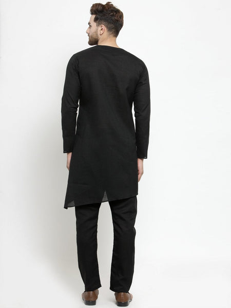 Designer Black Linen Kurta With Aligarh Pajama For Men By Treemoda