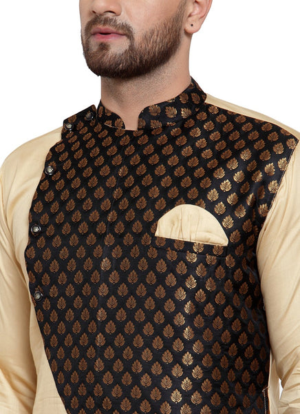 Brocade Silk Beige and Black Kurta With Churidar Pajama Set