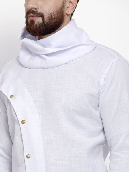 White Kurta With Churidar Pajama Set in Linen For Men by Treemoda