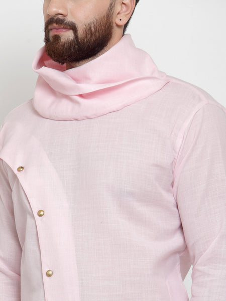 Pink Kurta With Aligarh Pajama Set in Linen For Men by Treemoda