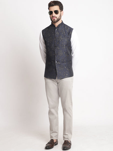 Blue Jacquard  Brocade Silk Nehru Jacket By Treemoda