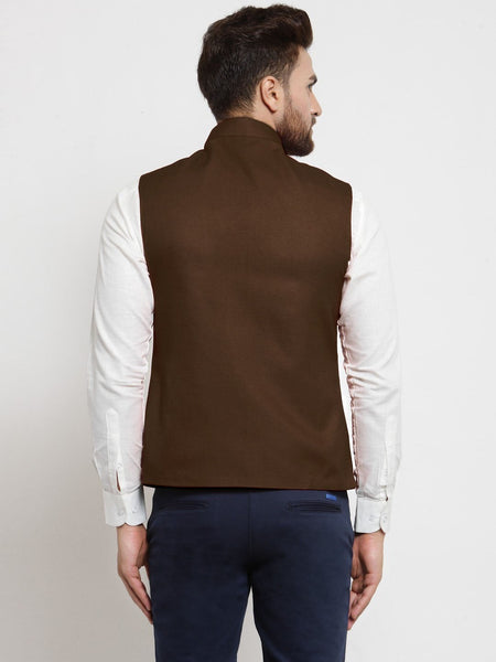 Men Chocolate Brown Solid Nehru Jacket By Treemoda