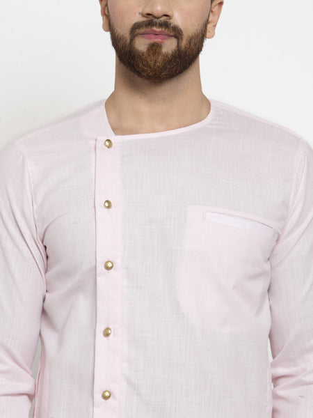 Designer Full Sleeve Pink Kurta With Aligarh Pajama Set in Linen For Men by Treemoda