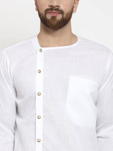 White Kurta With Aligarh Pajama Set in Linen For Men by Treemoda