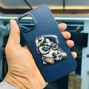 Embroided Cute Dog Back Case Cover - Navy Blue