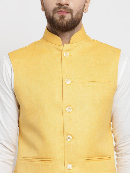 Men Yellow Solid Nehru Jacket By Treemoda