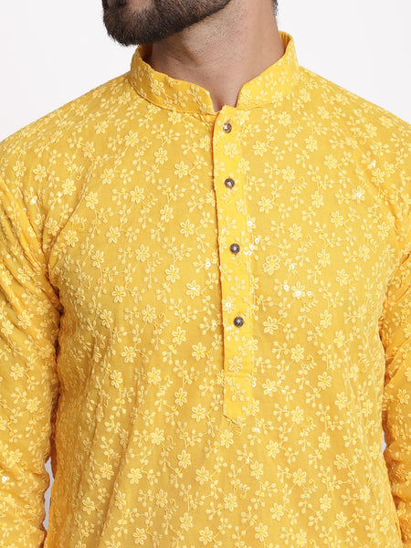 Yellow Chikankari Floral Embroidery Kurta With Churidar Pajama by Treemoda