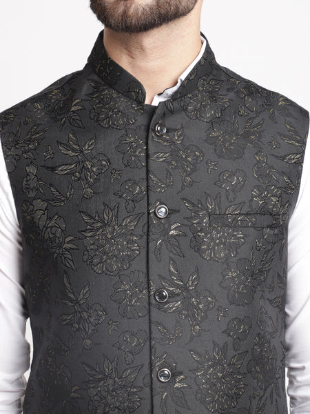 Black Jacquard  Brocade Silk Nehru Jacket By Treemoda