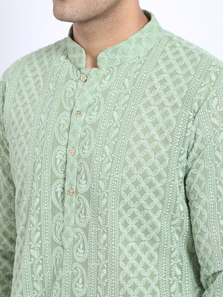 Pista Green Georgette Chikankari heavy Embroidered Kurta with Churidar Pajama by Treemoda