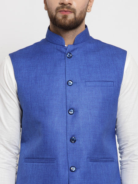 Men Blue Solid Nehru Jacket By Treemoda