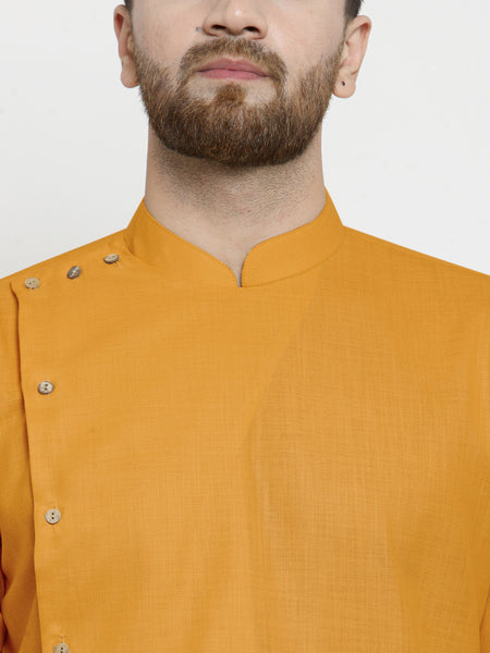 Designer Mustard Yellow Linen Kurta With White Aligarh Pyjama For Men By Treemoda