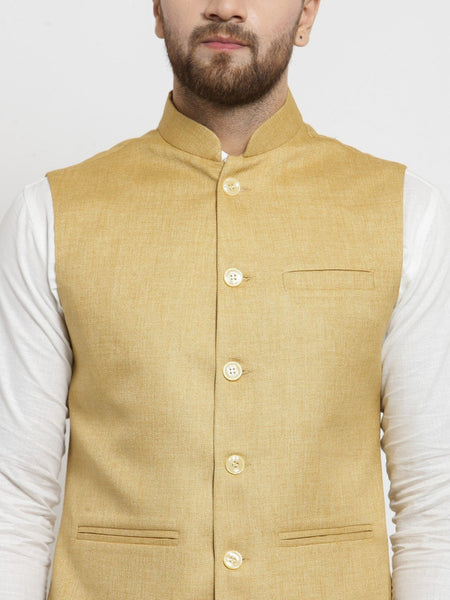 Men Mustard Yellow Solid Nehru Jacket By Treemoda