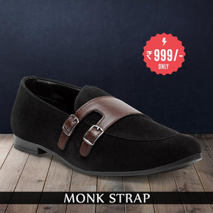 Treemoda Black Suede Monk Strap Shoes For Men