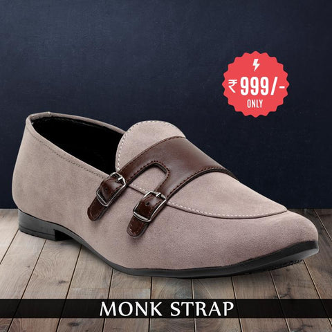Treemoda Grey Suede Monk Strap Shoes For Men