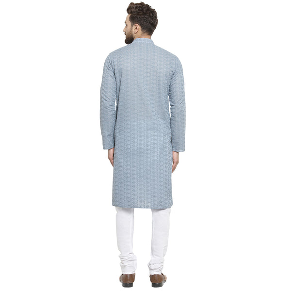 Light Grey Cotton Chikankari Lucknowi Jaal Embroidered Kurta with Churidar Pajama For Men by Treemoda