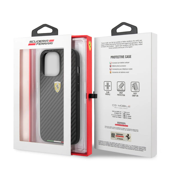 Ferrari Carbon Design & Italian Flag Line Metal Logo Case for iPhone 14 Series - Red & Black