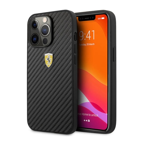 Ferrari Carbon Design Metal Logo Case for iPhone 14 Series - Black