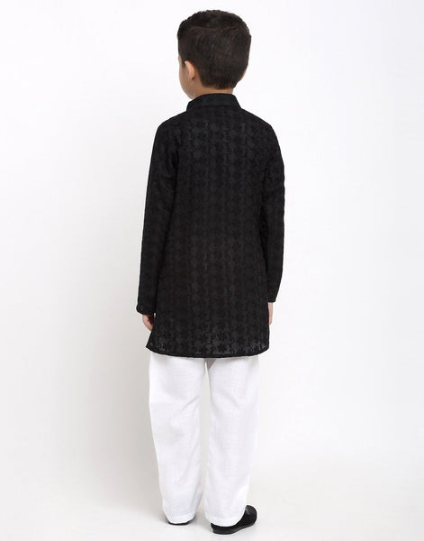 Lucknowi Chikankari Cotton Kurta Pajama Set For Boys/Kids By Treemoda|Black| Kurta Pajama Set