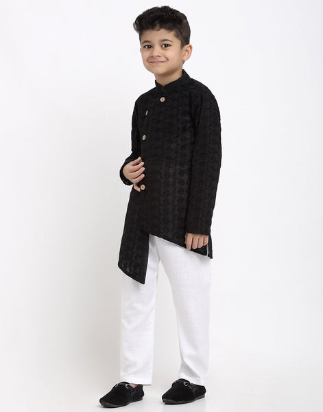Lucknowi Chikankari Cotton Kurta Pajama Set For Boys/Kids By Treemoda|Black| Kurta Pajama Set